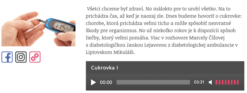 Printsreen z článku zverejnenom na https://reginastred.rtvs.sk/ v rubrike Zdravie a životný štýl o cukrovke a jej liečbe NFI protokolom s odkazom na nahrávku z rozhovoru s diabetologičkou Jankou Lejavovou.