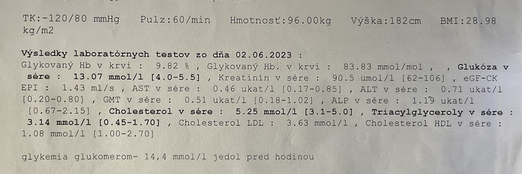 Krvné testy pred začiatkom NFI protokolu, zobrazujúce zdravotný stav Miroslava Z, bývalého diabetika 2. typu, ktorý sa vďaka NFI protokolu zbavil diabetologickej liečby.